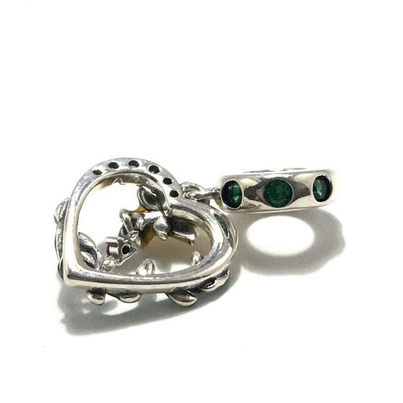 Sterling Silver 925 Charm Daffodil Flower Heart CZ Green Enamel For DIY Bracelet - Picture 5 of 9